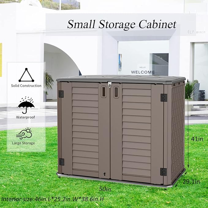 Horizontal Resin Storage Shed, 34 Horizontal Cu.ft Outdoor Storage Cabinet Waterproof for Garden/Backyard/Home/Pool, Lockable(34 Cu.ft-Brown)-VerdiqueGarden