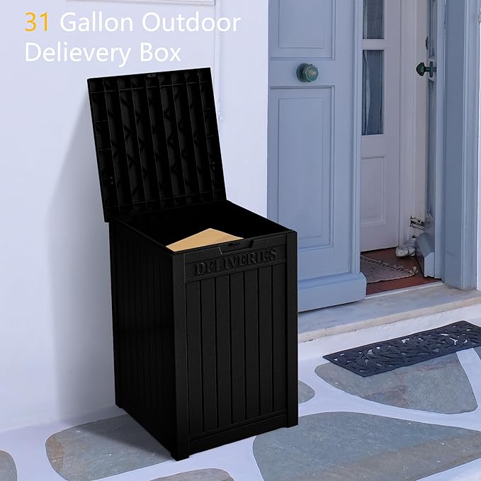 55 Gallon Outdoor Storage Box, Waterproof Resin Deck Box for Patio, Pool, and Garden, Lockable Bin for Cushions, Tools, and Accessories, UV-Resistant, Black-VerdiqueGarden