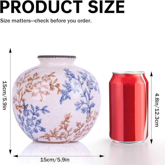 Blue-and-White Vintage Round vase, Chinese-Style Porcelain Blue vase, Suitable for Home Decor, Living Room Coffee Table, Office, Rustic Farmhouse Dining Table Centerpiece, and Tabletop Decoration.-VerdiqueGarden