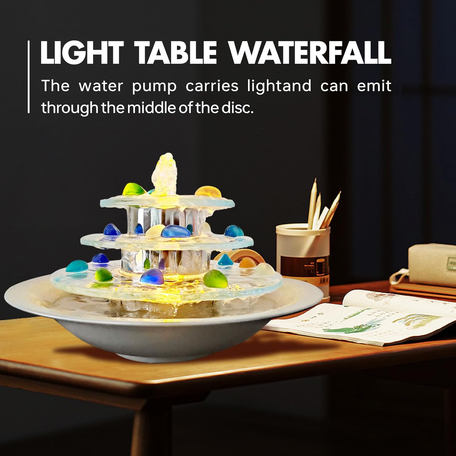 Indoor Tabletop Fountain 3-Tier Waterfall, Zen Meditation Fountains with LED Light, Home Desktop Soothing Sound Meditation Relaxing Water Feature for Office Room Table Decoration-VerdiqueGarden