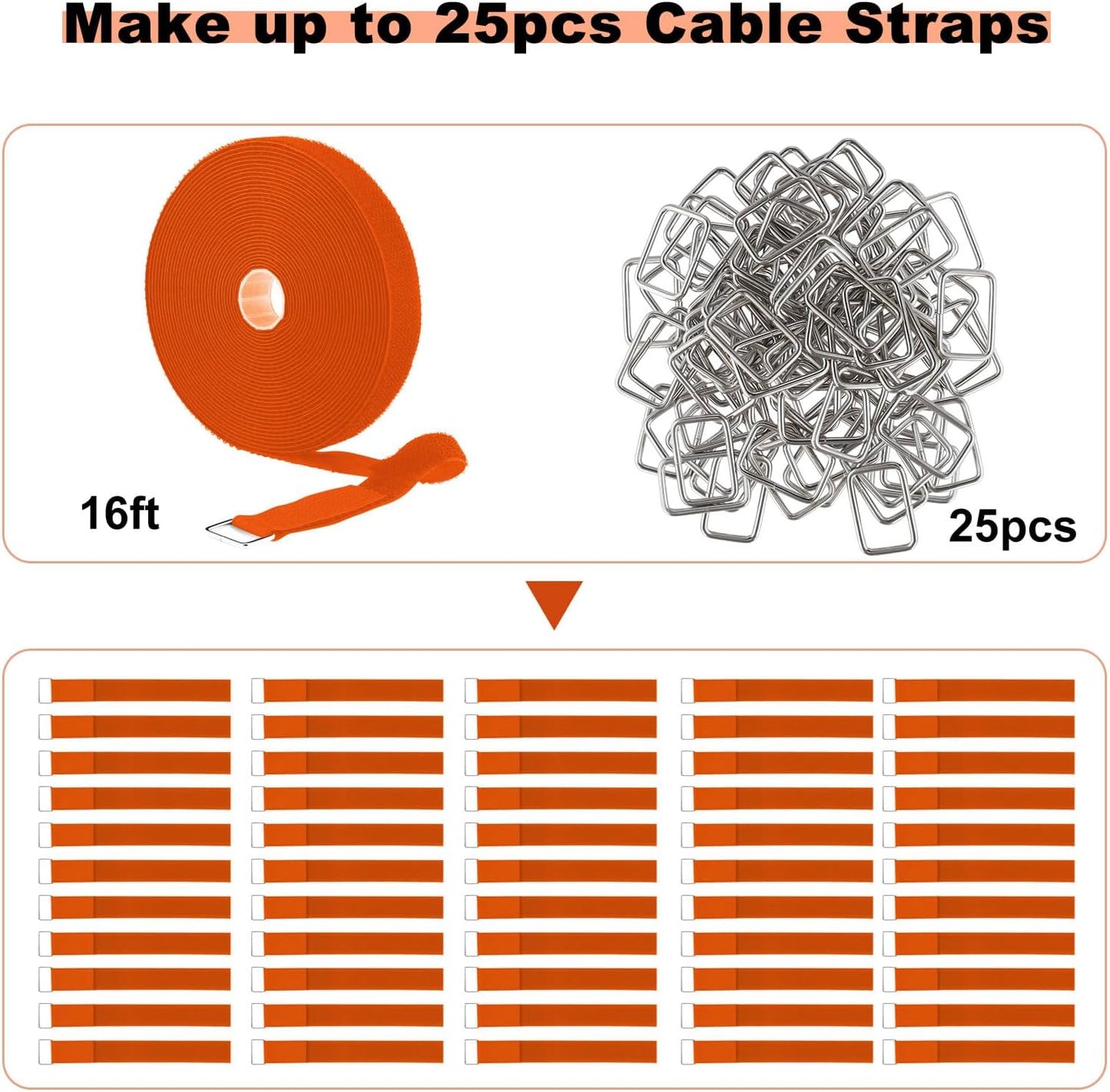 1"x16ft Hook and Loop Straps with 25 Metal Buckles, Adjustable Fastening Cable Straps, Cut-to-Length Cinch Strap, Reusable Nylon Securing Cord Ties for Organizer or Storage, 1 inch Wide,Orange-VerdiqueGarden
