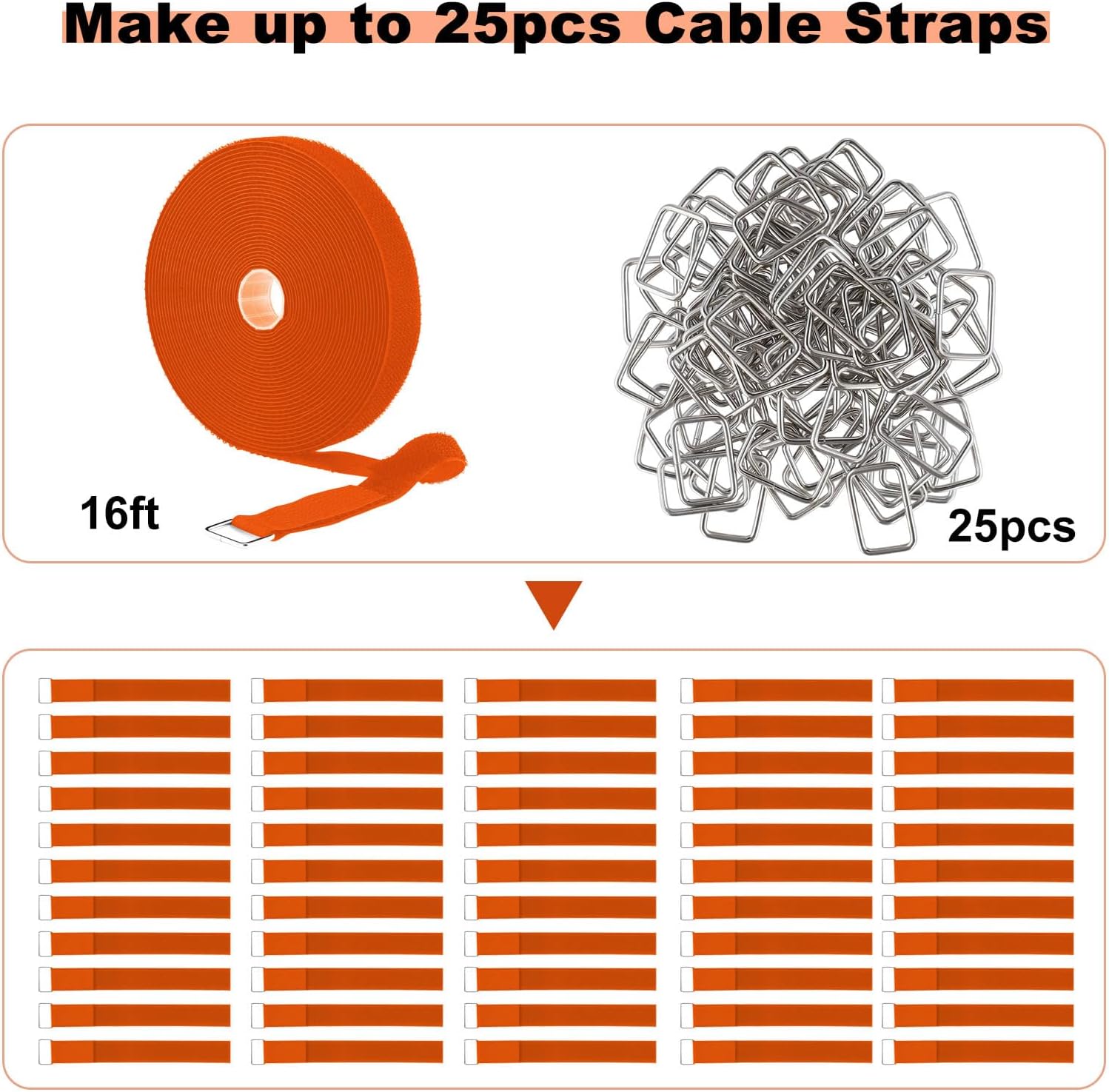 1"x16ft Hook and Loop Straps with 25 Metal Buckles, Adjustable Fastening Cable Straps, Cut-to-Length Cinch Strap, Reusable Nylon Securing Cord Ties for Organizer or Storage, 1 inch Wide,Orange-VerdiqueGarden