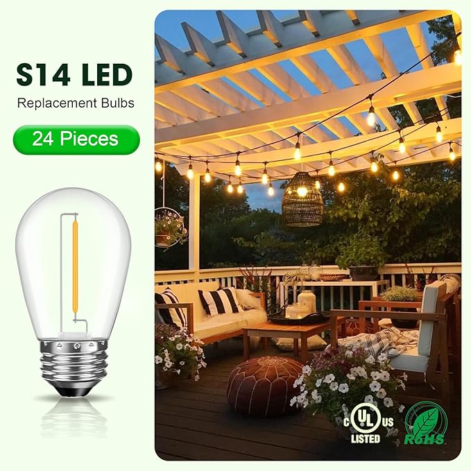 LED S14 Replacement Light Bulbs for Patio String Light, Shatterproof & Waterproof Hanging Light Bulbs for Outdoor String Lights, Dimmable, E26 Base, 24 Pack-VerdiqueGarden