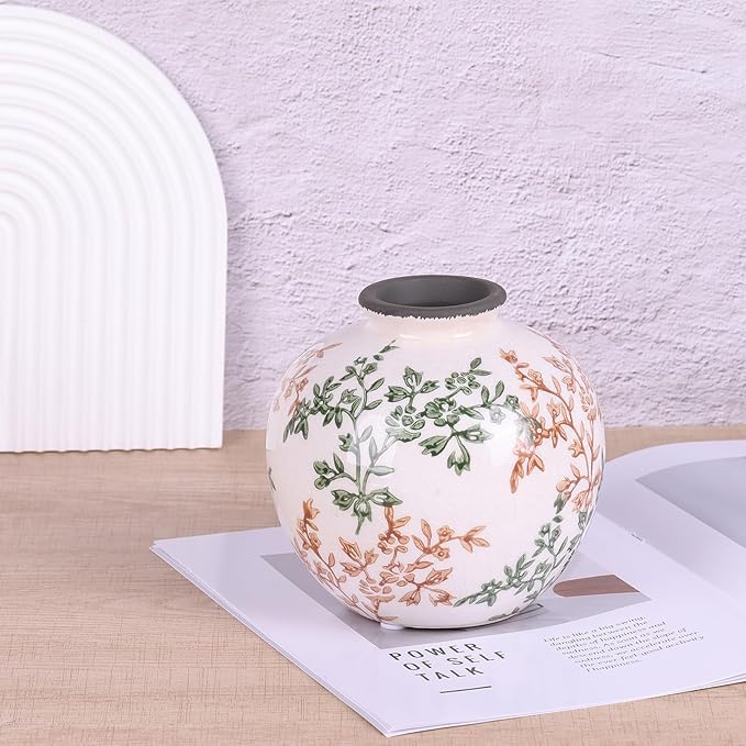 Green, White, and Brown Vintage Round vase, Chinese-Style Green Farmhouse Decorative vase, Suitable for Home Decor，Living Room, Dining Table, Office, Bookshelf, TV Cabinet, entryway Decor.-VerdiqueGarden