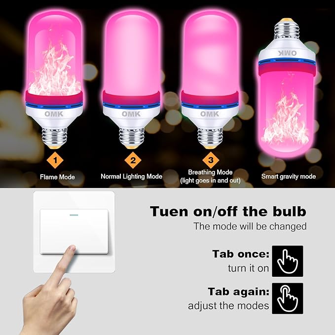 OMK 【Upgraded Pink Smaller LED Flame Light Bulbs - Flickering Light Bulbs with Gravity Sensing, E26 Base Fire Light Bulb, Indoor Outdoor Light Bulbs, Holiday Christmas Vintage Flame Bulb Decorations-VerdiqueGarden