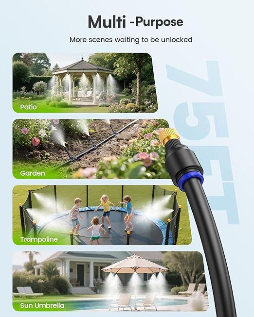RAINPOINT Misters for Outside Patio - Upgraded 75FT(23M) Misting System Kit with Water Filter for Cooling Outdoor, 75FT Misting Line + 22 Mist Nozzles for Backyard Garden Porch Deck Greenhouse-VerdiqueGarden