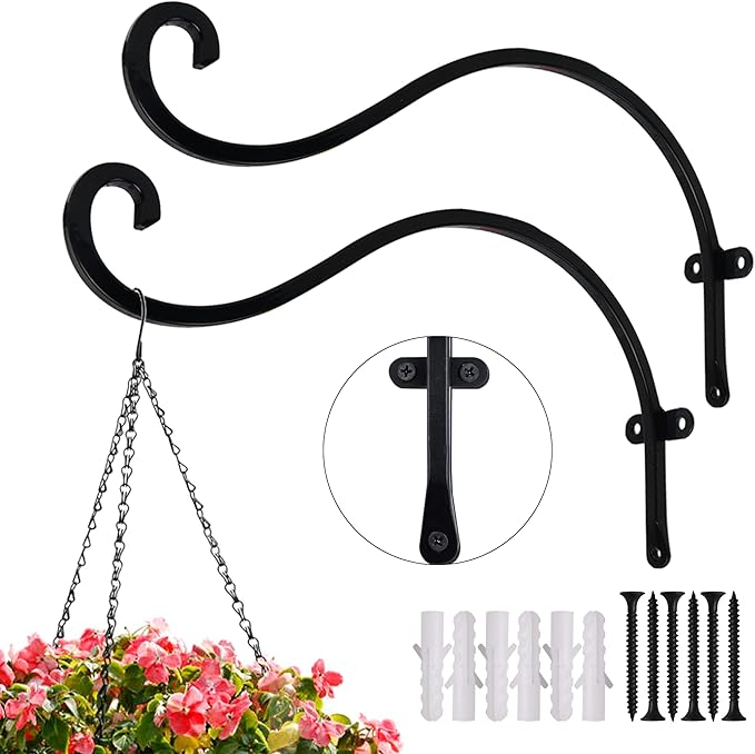 Hourleey 2 Pack Plant Hanger Outdoor, 12 Inch Heavy-Duty Hanging Plant Hook for Outside Basket, Black Metal Wall Mount Plant Bracket Hook for Flower Baskets Bird Feeder-VerdiqueGarden