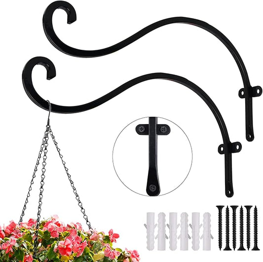 Hourleey 2 Pack Plant Hanger Outdoor, 12 Inch Heavy-Duty Hanging Plant Hook for Outside Basket, Black Metal Wall Mount Plant Bracket Hook for Flower Baskets Bird Feeder-VerdiqueGarden