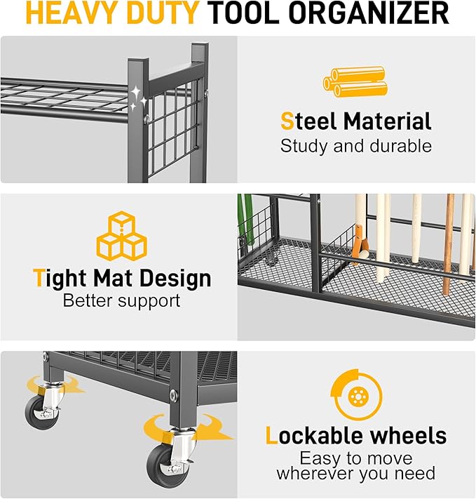 Ultrawall Garden Tool Organizer, Yard Tool Storage Rack for Garage Organization with Lockable Wheels, Garden Tool Stand for Rake, Brooms, Indoor & Outdoor Use-VerdiqueGarden
