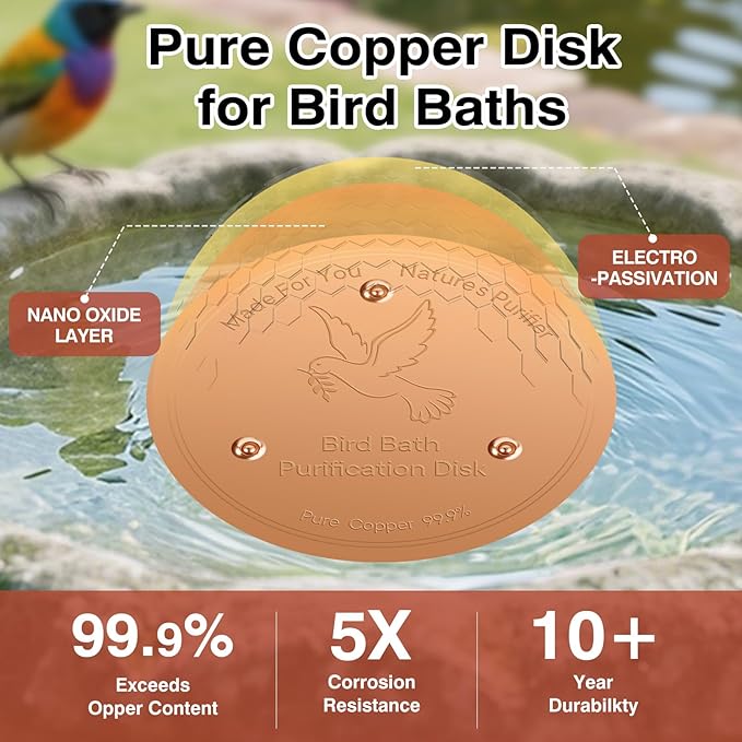 Bird Bath Copper Plate Disk 99.99% Pure Copper Cleaning Disk Stable Triple-Point Support Outdoor Bird Bowl, Pure Copper Bird Bath Purification Tray, Suitable for All Seasons-VerdiqueGarden
