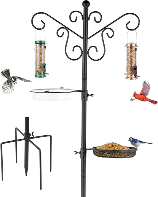 MIXXIDEA Bird Feeding Station Bird Feeder Pole with 5-Prong Base Hanging Hooks Water Bath Mesh Tray Wind-Resistant Water Bowl with Metal Snap Fastening for Outdoors to Attract Wild Birds-VerdiqueGarden