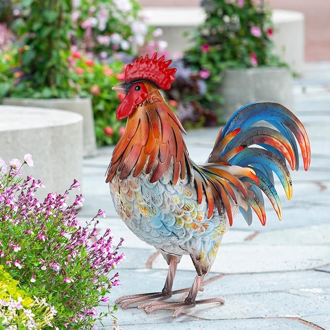 Metal Rooster Decor Garden Statue,Yard Chicken Decorations Outdoor Sculpture for Backyard Patio Kitchen Lawn Ornaments,Birthday for Women Mom-VerdiqueGarden