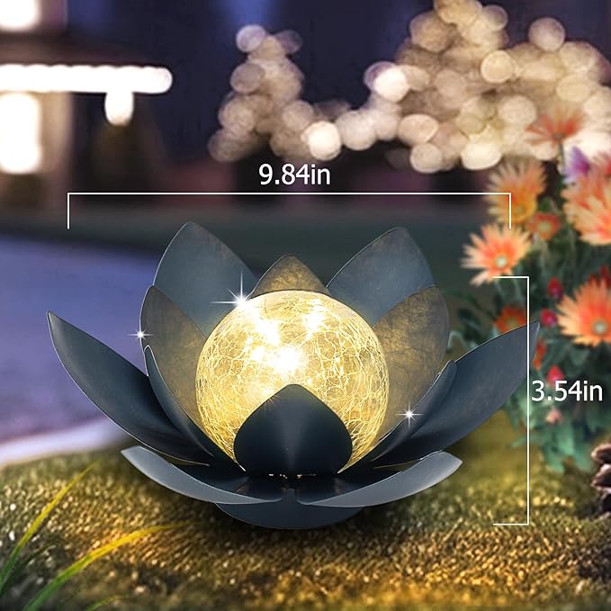 Huaxu Solar Lights Outdoor Garden Decor Crackle Glass Globe Lotus Flower Gray Metal Waterproof Light for Patio, Lawn, Walkway, Tabletop, Ground,Christmas Gifts for Mom,Women-VerdiqueGarden