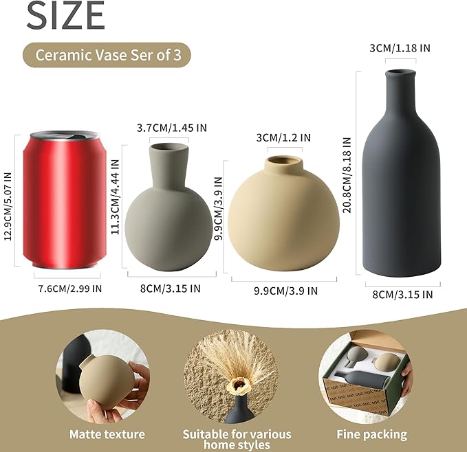 Ceramic Vase Set of 3, Flower Decorative Vases Home Decor Boho Neutral Modern Pottery Pampas Vases for Centerpiece Bouquet Table Mantel Entryway Bookshelf Living Room Bedroom Bathroom Kitchen-VerdiqueGarden