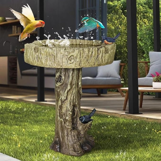 SKYFIRE 24.4” H Fibre Reinforced Concrete Outdoor Garden Bird Bath with Birds, Woodland Tree Trunk Decoration Yard Statue，Pedestal Birdbaths for Outdoors, Garden, Patio, Lawn, Backyard-VerdiqueGarden
