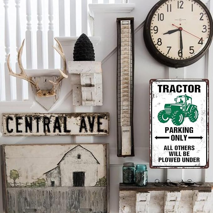 Tractor Tin Signs Antique Tractor Wall Decor Outdoor Tractor Crossing Signs Metal Tractor Parking Only All Others Will Be Plowed Under Sign Tractor Crossing Road Sign Green Tractor Gifts For Men-VerdiqueGarden