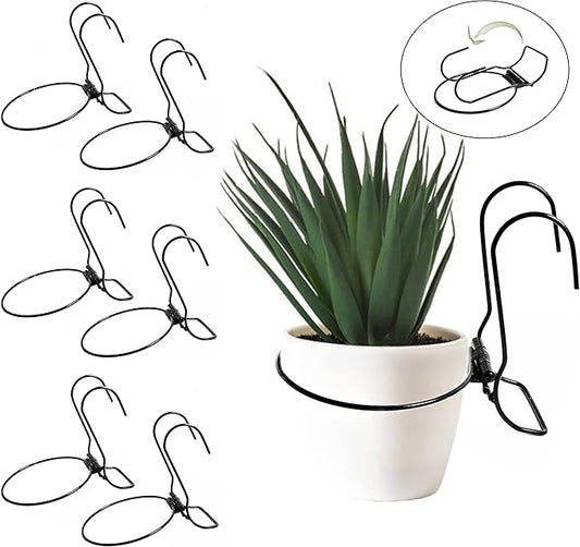6 Pieces, 6 inches Iron Hanging Flower Pot. Metal Plant Wall Hanger, Vertical Garden. Planter Hook Ring, Rail Metal Fence. Indoor and Outdoor. Yard Garden. Wire Trellis. Collapsible Bracket. (Black)-VerdiqueGarden
