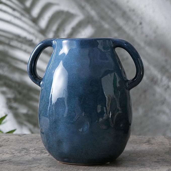 Blue Ceramic Vase with 2 Handles - Modern Farmhouse Rustic Terracotta Decorative Clay Boho Vase for Pampas Grass and Home Decor-VerdiqueGarden
