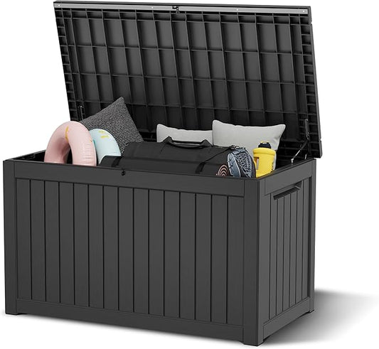 KAMABOKO 230 Gallon Outdoor Storage Box, Resin Deck Boxes Indoor and outdoor, Waterproof Storage Box Lockable Lid for Garden Tools, Package Delivery, Patio Cushions, Black-VerdiqueGarden