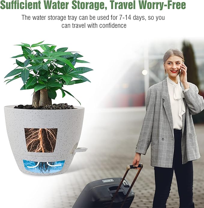 12 inch Large Self Watering Pots, Plastic Planters with 60oZ Removable Deep Reservoir and Multi Mesh Drainage Holes for Indoor Outdoor Garden Plants and Flowers, White Speckles-VerdiqueGarden