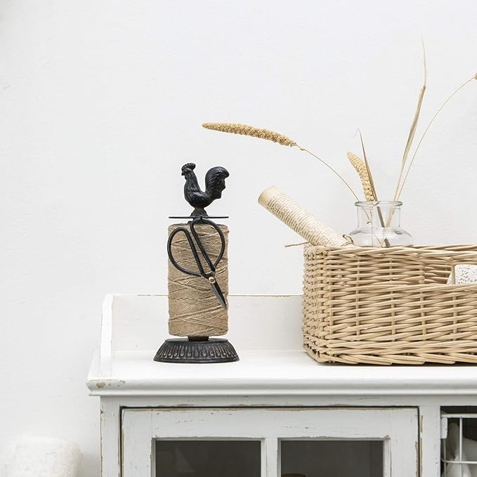 SOFFEE DESIGN Vintage Jute Twine Spool and Scissors Holder for Garden Farmhouse Kitchen Antique Twine and Scissors Set Black Rooster-VerdiqueGarden