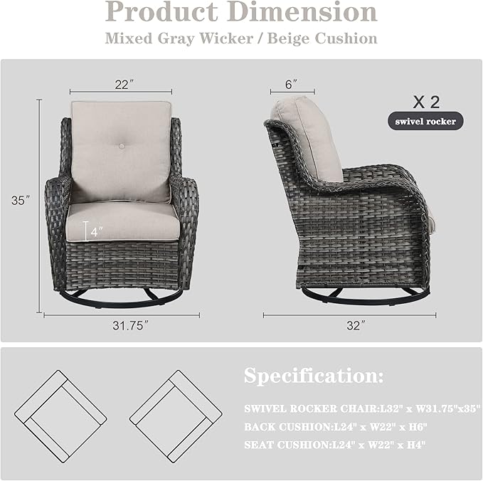 Outdoor Swivel Rcoker Patio Chairs - Outdoor Swivel Patio Chairs Set of 2 Wicker Chair Patio Furniture Sets with Covered Cushion for Porch Deck Balcony Garden, Beige-VerdiqueGarden