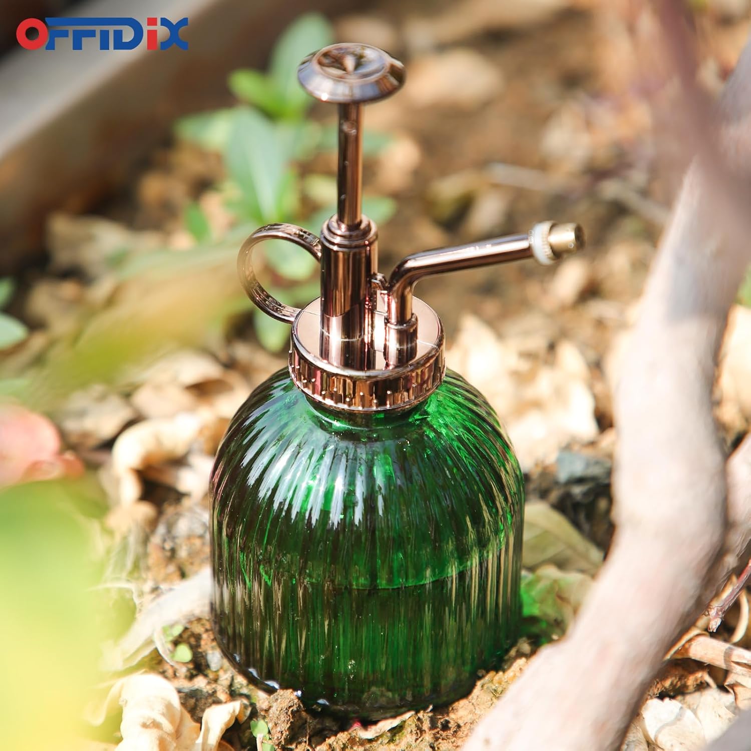 OFFIDIX Plant Mister Spray Bottle Glass Mister for Inside 6.3" Tall Vintage Style with Bronze Plastic Top Pump One Hand Watering Can for Indoor Potted Plants Terrariums Green-VerdiqueGarden