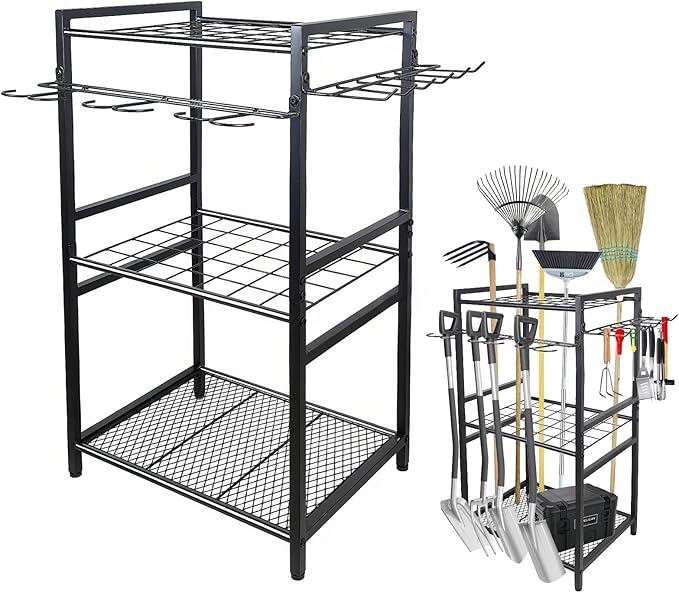 3 Tier Garden Tool Organizer, Yard Tool Tower Rack, Tool organizer up to 78 Tools, Heavy Duty Garden Tool Organizer for Garage, Yard, Patio, Shed, Indoors and Outdoors, Black-VerdiqueGarden
