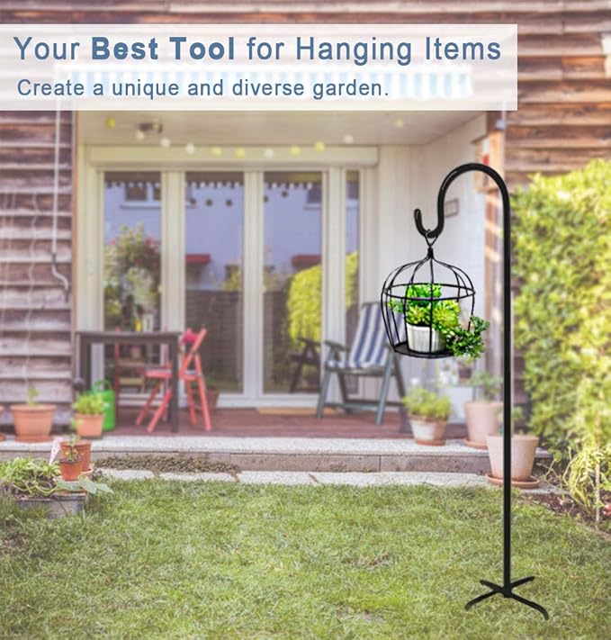 108 inch Outdoor Shepherd Hook with 5 Prong Base (2 Packs), Adjustable Heavy Duty Garden Hanging Stake for Bird Feeder Solar Light Plant Hanger Wedding Decor, Matte Black-VerdiqueGarden