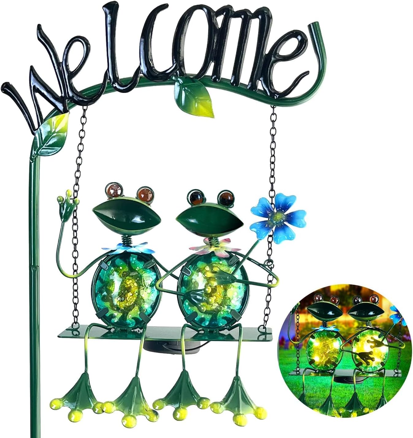 HONGLAND Outdoor Garden Solar Lights,Frog Swing Garden Decor,Frog Decorative Stake with Welcome Sign for Landscape Patio Yard (48 inch)-VerdiqueGarden