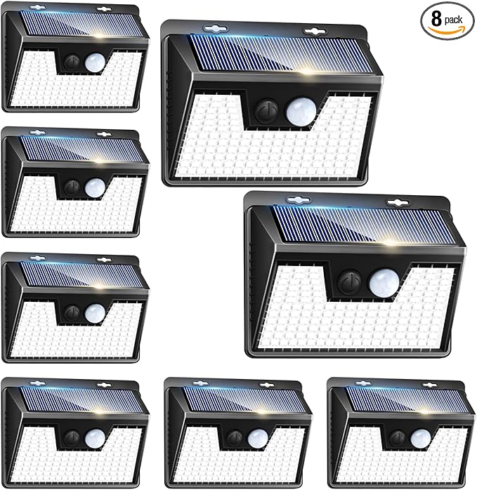 Peasur Solar Powered Lights Outdoor, 140 LED 8Pack Motion Sensor Light Outside, IP65 Waterproof Fence Security Lighting with 3 Modes for Yard Wall Garden Cool White-VerdiqueGarden