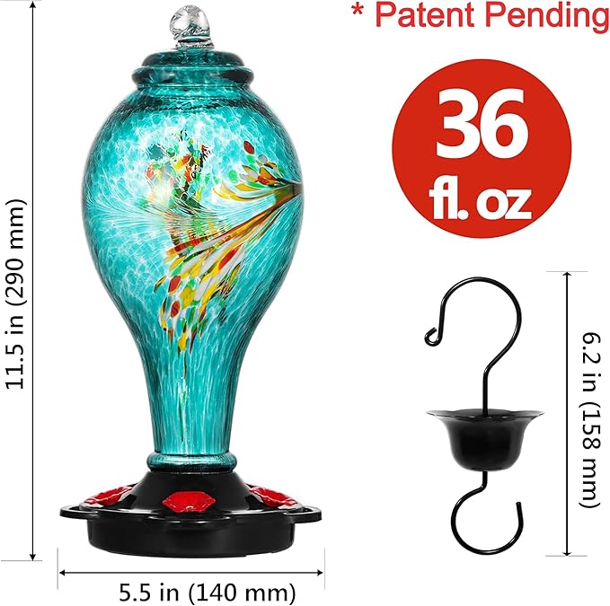 LUJII Hummingbird Feeder, Hand Blown Glass Hummingbird Feeder, Never Fade, 36 Fluid Ounces, 5 Feeding Metal Stations, Much Bigger, Garden Backyard Decorative, Containing Ant Moat (Blue)-VerdiqueGarden