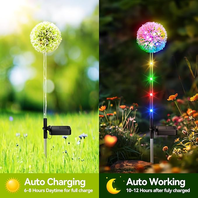 4 Pack Dandelion Solar Outdoor Lights Decorative with Colorful String Lights, Upgraded Waterproof Solar Garden Decor for Yard, Patio, Landscape Decoration-VerdiqueGarden