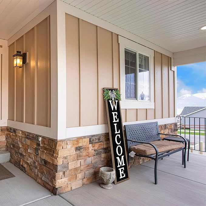 Surfapans Welcome Sign for Front porch Standing 45"X9"Large Wood Frame Outdoor Tall Welcome Signs Vertical Decor for Farmhouse Rustic Home Modern Outside Front Door Wall Decorations (Wood Black)-VerdiqueGarden