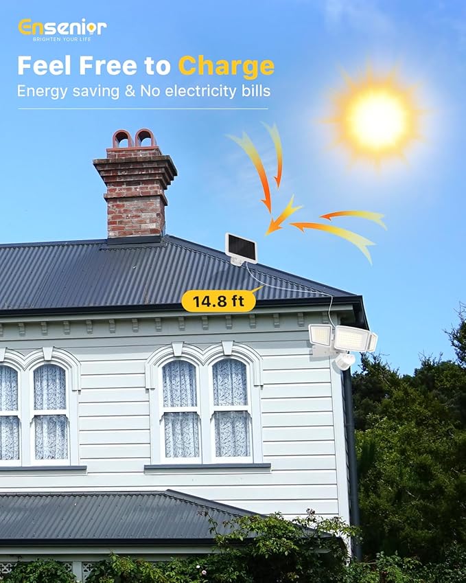 Ensenior 5 Motion Sensor Modes Solar Security Light, 1800LM 270° Wide Angle 3 Heads LED Flood Lights, IP65 Waterproof Wall Lights, Separate Solar Panel Remote Control Solar Lights Outdoor-VerdiqueGarden