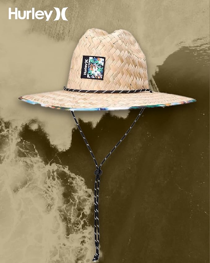 Hurley Men's Straw Hat - Wide Brim Channel Island Lifeguard Hat - Stylish Sun Hats for Men with Chin Strap-VerdiqueGarden