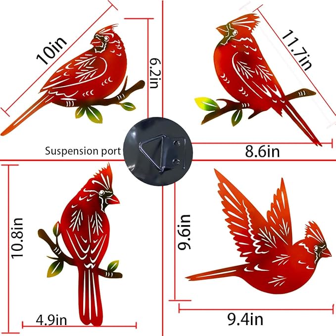 4 Pack Metal Cardinal Wall Art Decor Metal Birds 3D Outdoor Sculpture, Ornaments Hand-Made Nimble red Bird, Gifts for Mom,Birthday Gifts for Grandma Wife-VerdiqueGarden