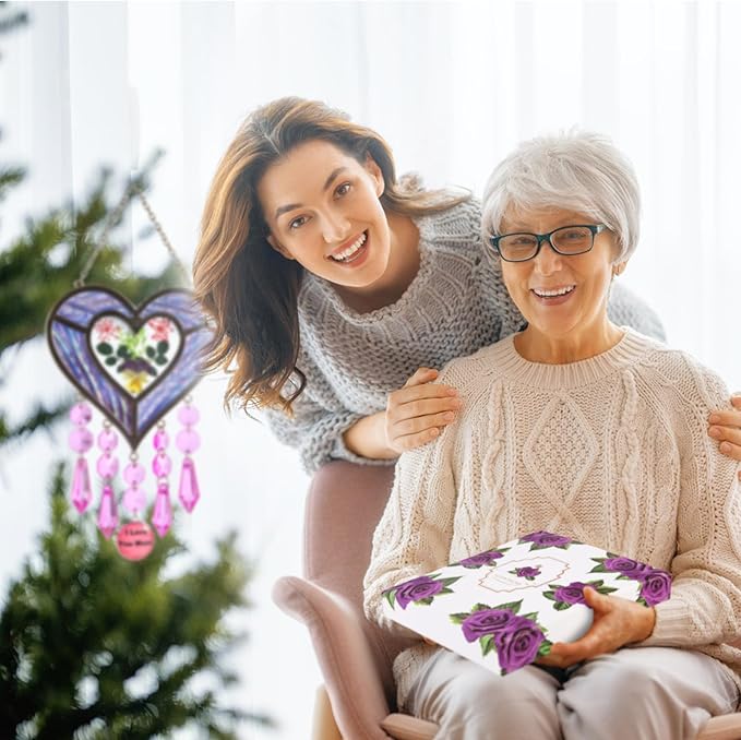Gifts for Mom Suncatcher Heart Shaped I Love You Mom - Colored Glass Light Catcher Hanging Wind Chime Decorations Window Gifts Mother's Day Valentine's Day Birthday Christmas (Purple)-VerdiqueGarden