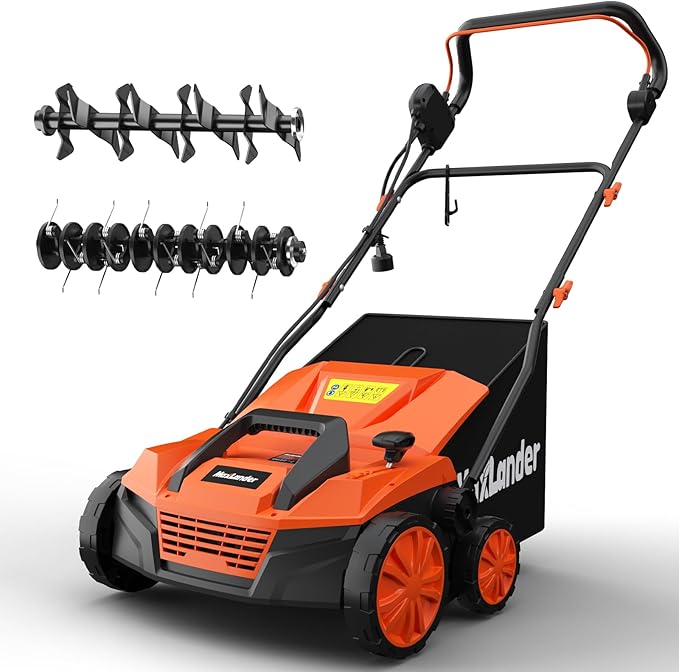 MAXLANDER 15” 13 Amp Electric Dethatcher and Scarifier, 2-in-1 Lawn Dethatcher with 5-Position Depth Adjustment, 45L Removable Collection Bag, Airboost Technology Increases Lawn Health-VerdiqueGarden
