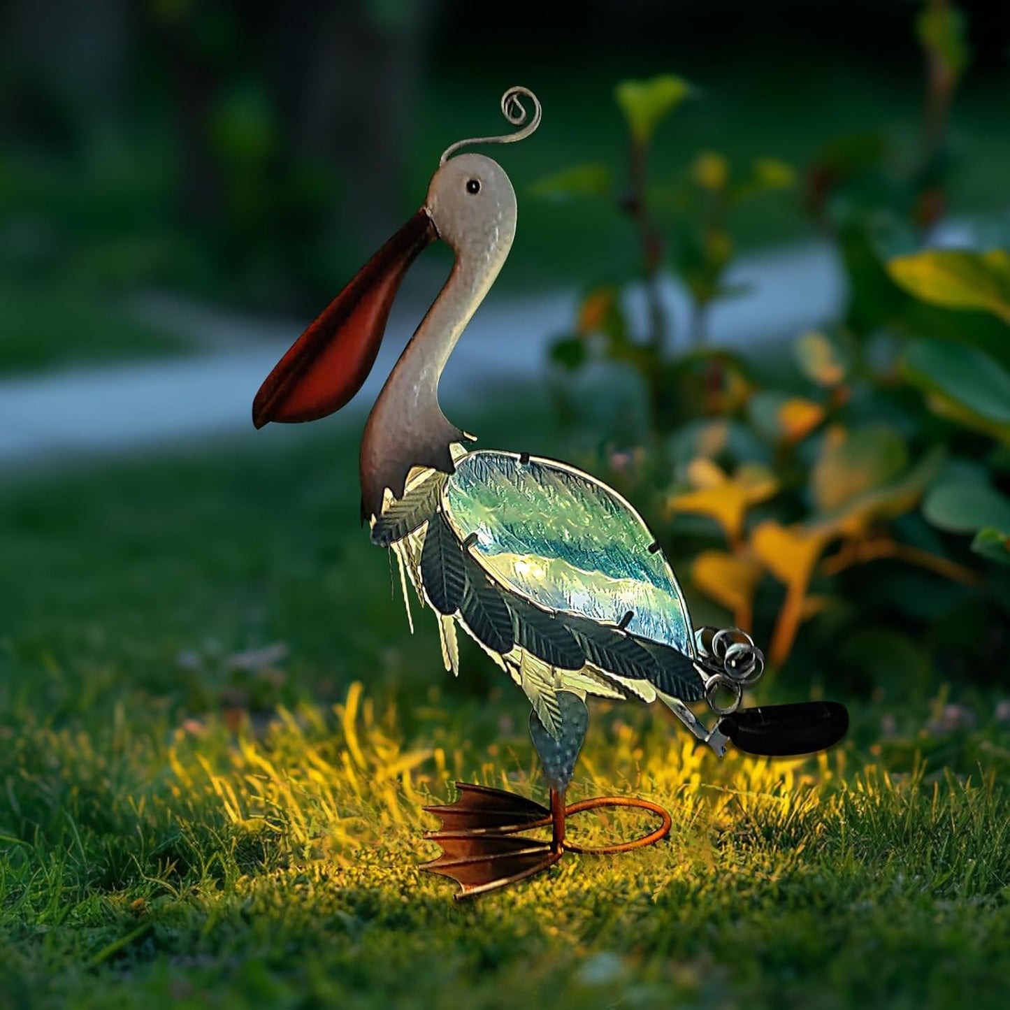 HONGLAND Solar Metal Pelican Statues Garden Sculpture & Statues, 19 Inch Glass Outdoor Pelican Yard Art Coastal Ocean Bird Decor Lawn Ornament for Backyard Porch Patio Decor（Blue）-VerdiqueGarden