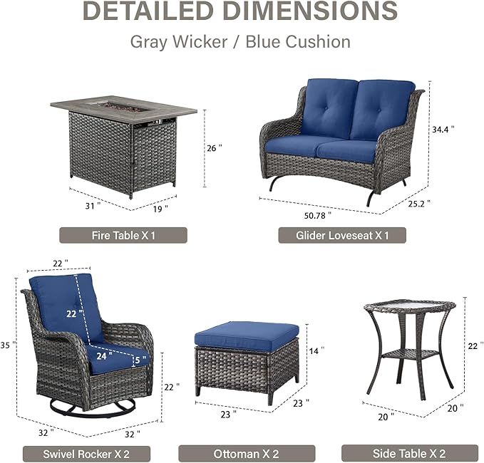 8 Piece Outdoor Patio Furniture Set - 41" CSA Propane Fire Pit Table Patio Conversation Set with Swivel Rocker Outdoor Chairs, Wicker loveseat and Ottoman for Outside Casual Gathering-VerdiqueGarden