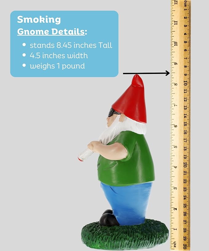 Gnometastic Gnomes Smoking Gnome, 8.5in, Hippie Gnome, Indoor Outdoor Funny Garden Gnomes Decoration for Yard, Planter, Lawn Ornament, Patio and Home Decor-VerdiqueGarden