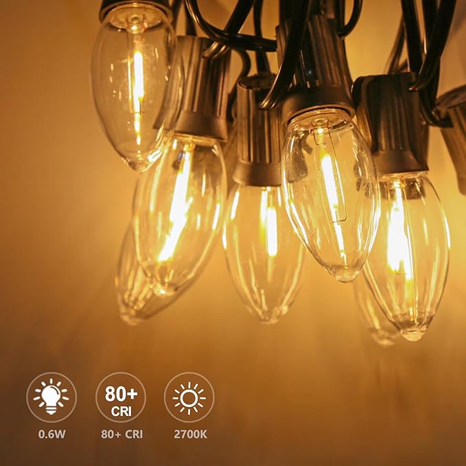 25 Pack C9 LED Replacement Christmas Light Bulbs, Soft White 2700K Waterproof Shatterproof Outdoor String Lights Vintage LED Filament Bulb, E17 Base, Commercial Grade Holiday Decoration Bulbs-VerdiqueGarden