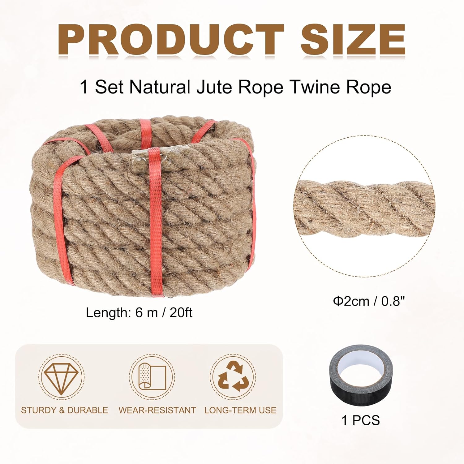 MECCANIXITY Jute Rope 0.8 Inch x 20ft, Thick Twine Rope Ropes Braided Jute Twine Natural Brown Burlap Cord String Heavy Twisted with Tape for Decorative Crafts Railing Swing Tug of War-VerdiqueGarden