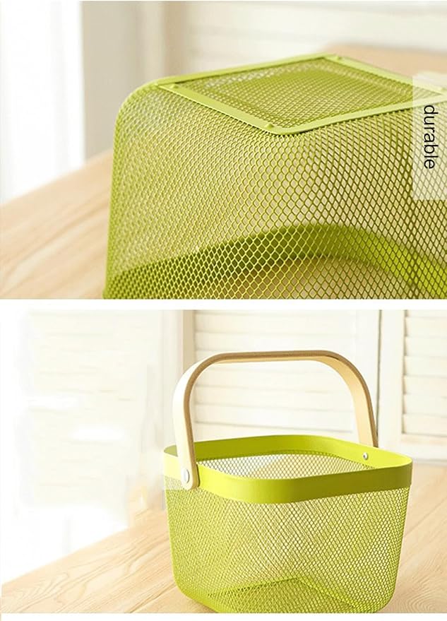 Metal Mesh Steel Basket, Storage Organizer Basket Multi-functional Hanging Kitchen Baskets Fruit Basket with Wooden Handle for Kitchen Bathroom Picnic Shopping Decor Cabinet Home, Macaron Green-VerdiqueGarden