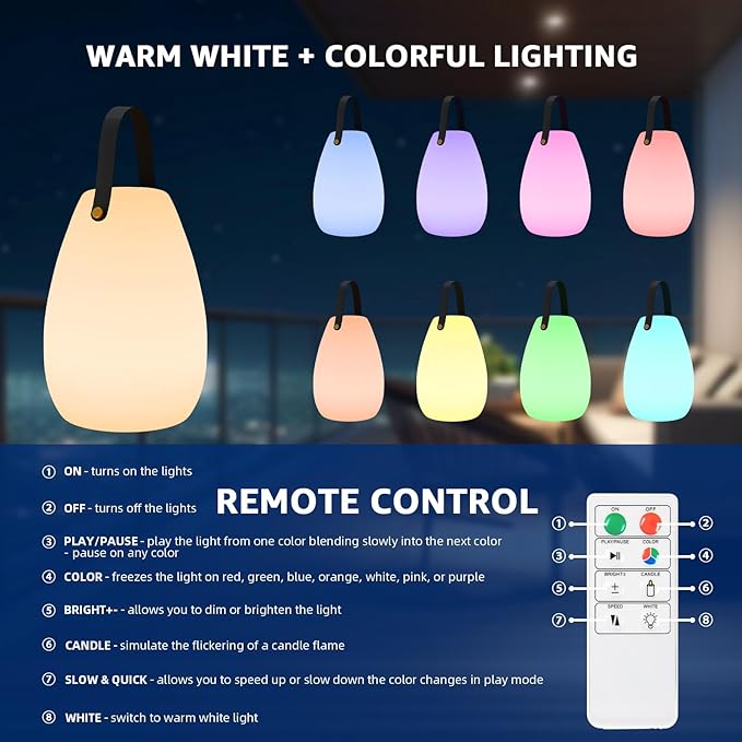 uuffoo Portable Outdoor Table Lamp, Dimmable Cordless Lamp with Remote and 7 RGB Colors IP44 Waterproof Hanging Lamp Indoor/Outdoor Night Lamp Lantern for Bedroom Garden Dining Camping-VerdiqueGarden