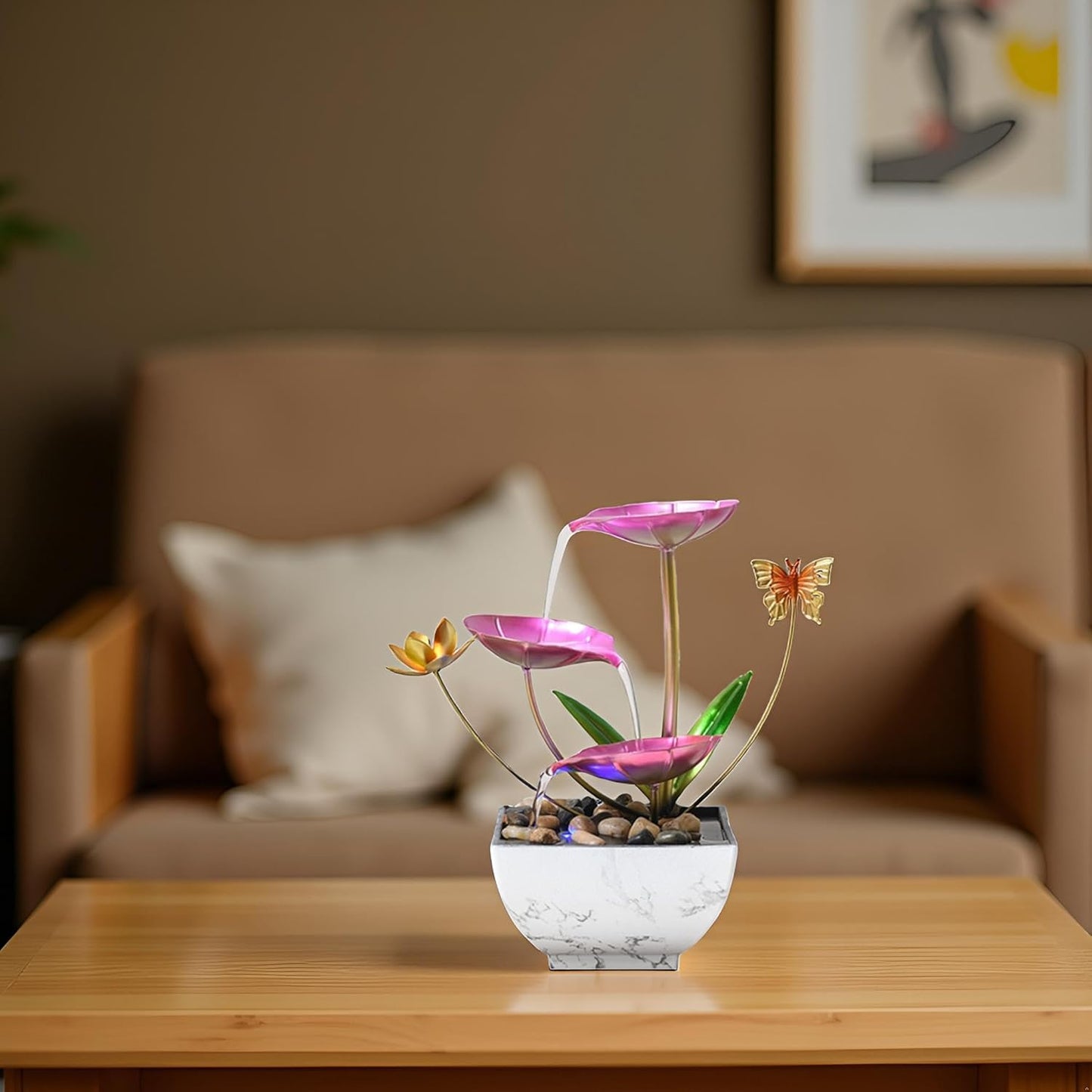 Pink Tabletop Water Fountain, USB Desktop Sleep Waterfall, Women Office Decor, Zen Garden for Desk-VerdiqueGarden