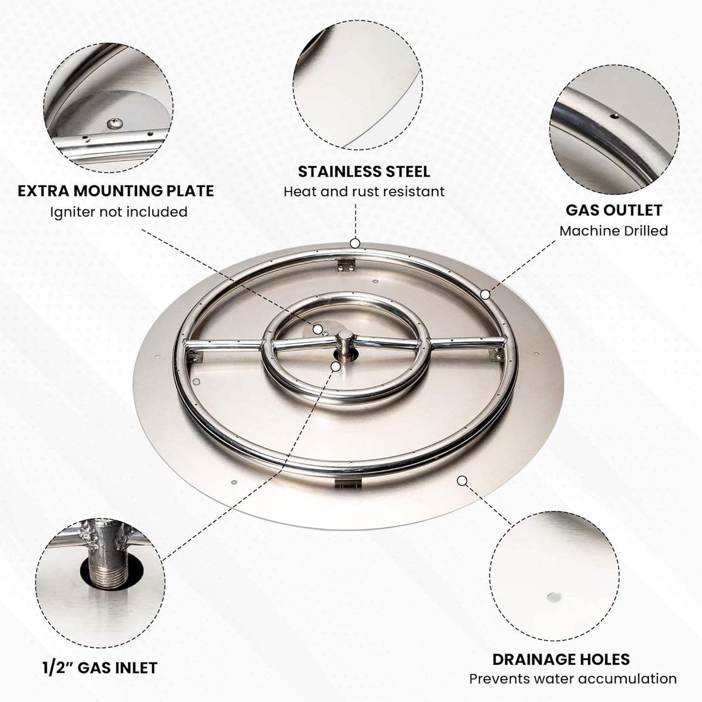 Stainless Steel Fire Pit Burner Pan & Ring, Works with Liquid Propane or Natural Gas, 22-Inch Pan, 18-Inch Ring, 150,000 BTU Max-VerdiqueGarden