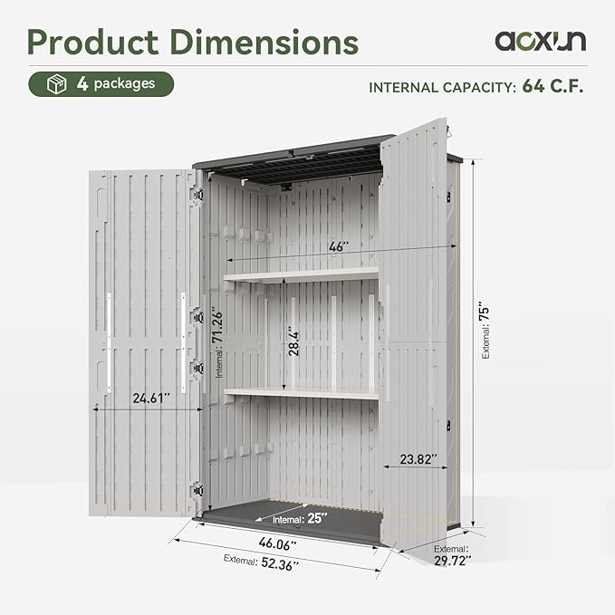 Aoxun 64 Cu.Ft Outdoor Storage Shed with Floor and 2 Shelves, Waterproof Horizontal Resin Cabinet for Garage Storage, Pool Storage, Bike Shed, Garden Shed-VerdiqueGarden