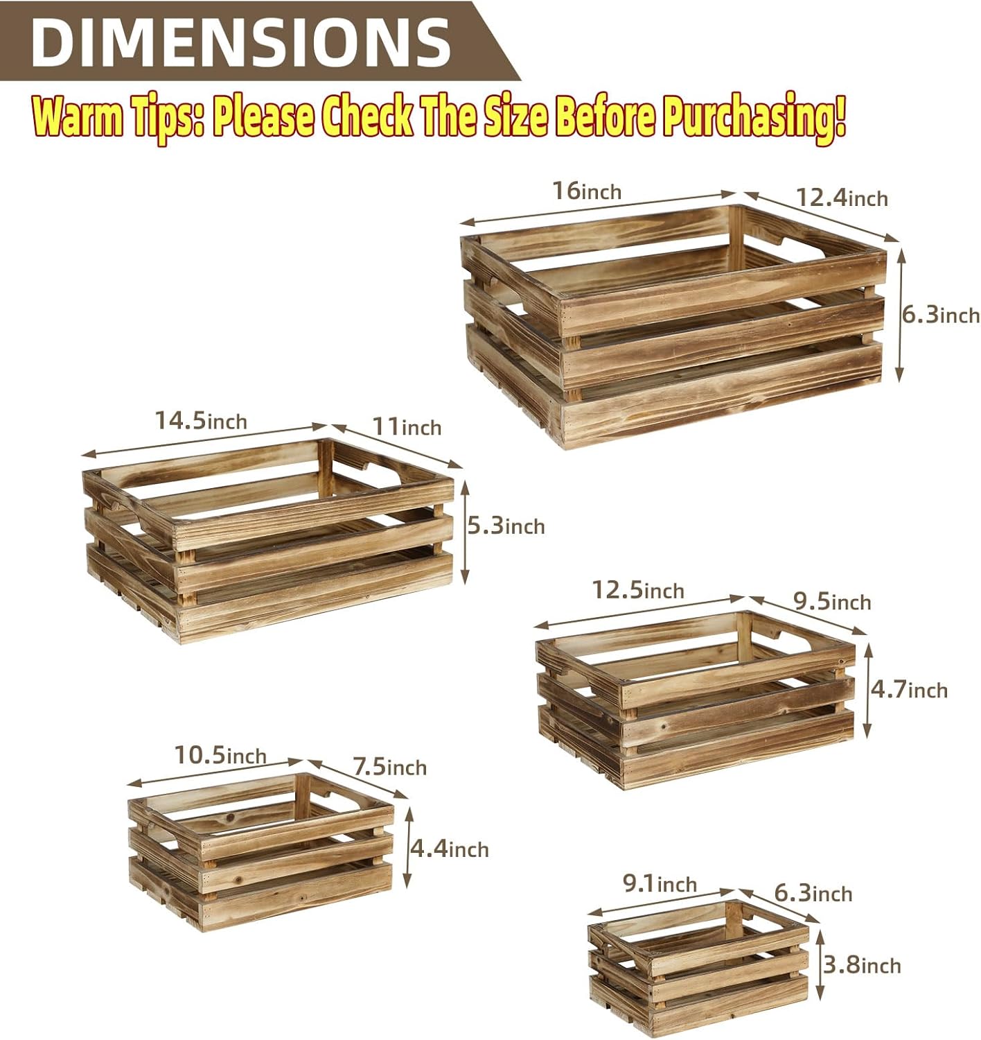 5-Piece Farmhouse Wooden Crate Set - Rustic Wooden Crates for Display and Storage, Large Torched Decorative Crates, Farmhouse Apple Crates, Painted Wood Crates for Decor-VerdiqueGarden